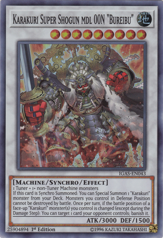A Super Rare "Karakuri Super Shogun MDL 00N "Bureibu"" card from the Yugioh Set: Ignition Assault (IGAS).