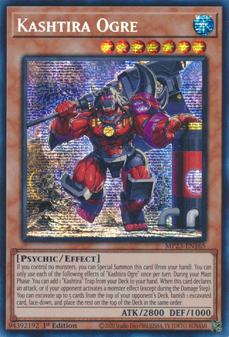 A Prismatic Secret Rare "Kashtira Ogre" card from the Yugioh 25th Anniversary Dueling Heroes Mega-Tin Mega Pack.