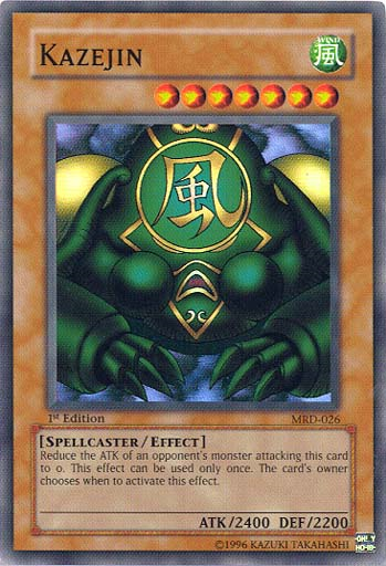 A Super Rare "Kazejin" card from the Yugioh Set: Metal Raiders (MRD).
