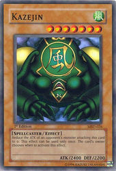 A Super Rare "Kazejin" card from the Yugioh Set: Metal Raiders (MRD).