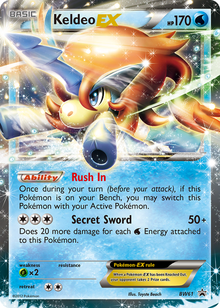 A Black Star Promo "Keldeo Ex" (BW61) card.