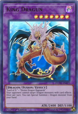 An Ultra Rare "King Dragun" card from the Yugioh Set: Duel Overload.