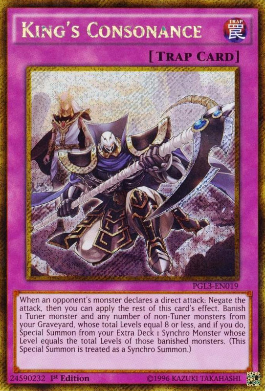 A Gold Secret Rare "King's Consonance" card from the Yugioh Set: Premium Gold: Infinite Gold (PGL3).