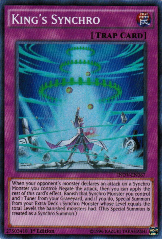 A Super Rare "King's Synchro" card from the Yugioh Set: Invasion: Vengeance (INOV).