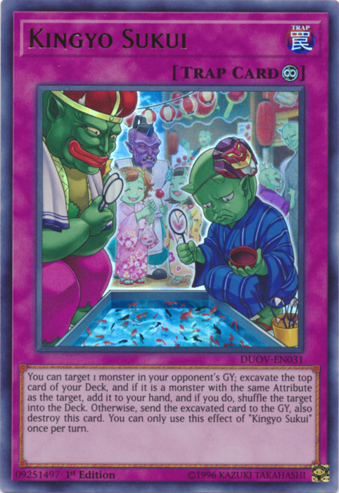 An Ultra Rare "Kingyo Sukui" card from the Yugioh Set: Duel Overload (DUOV).