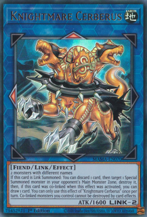 An Ultra Rare "Knightmare Cerberus" card from the Yugioh Set: Magnificent Mavens.