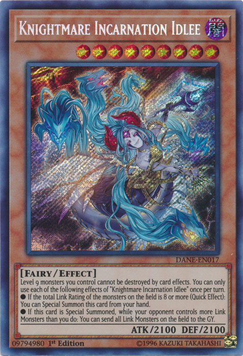 A Secret Rare "Knightmare Incarnation Idlee" card from the Yugioh Set: Dark Neostorm.