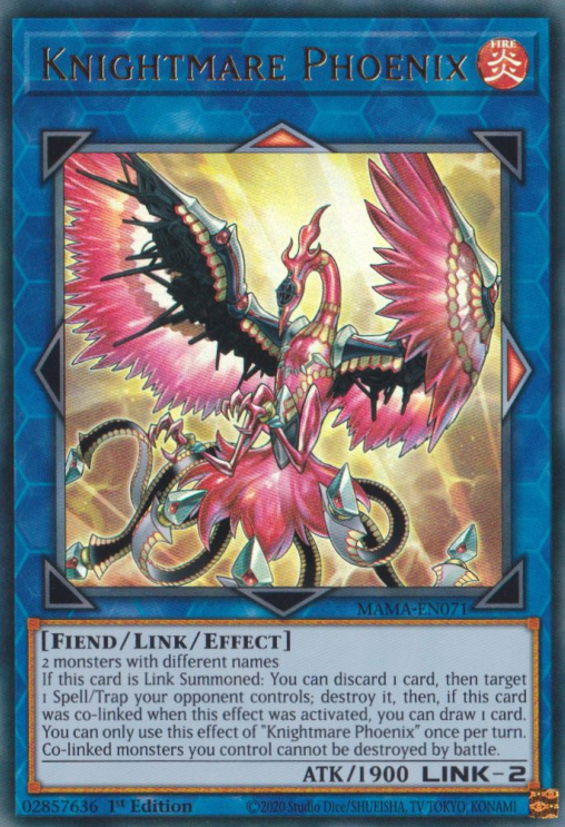 An Ultra Rare "Knightmare Phoenix" card from the Yugioh Set: Magnificent Mavens.