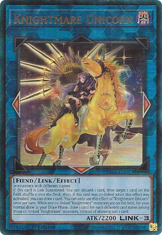  A Prismatic Alt Art Ultimate Rare "Knightmare Unicorn" card from the Yugioh Set: Rarity Collection 1 (RA01).