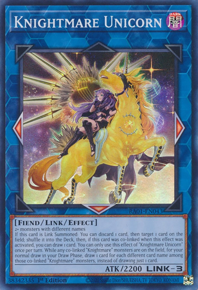 A Super Rare Alternate Art "Knightmare Unicorn" card from the Yugioh Set: Rarity Collection 1 (RA01).