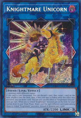 A Secret Rare Alternate Art "Knightmare Unicorn" card from the Yugioh Set: Rarity Collection 1 (RA01).