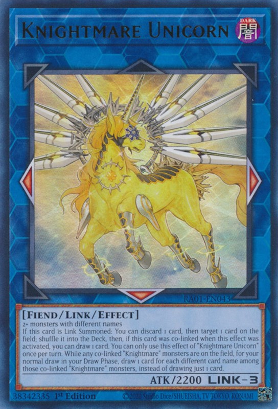 An Ultra Rare "Knightmare Unicorn" card from the Yugioh Set: Rarity Collection 1 (RA01).