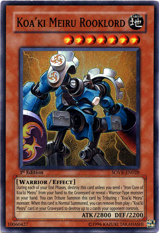 A Super Rare "Koa'ki Meiru Rooklord" card from the Yugioh Set: Stardust Overdrive (SOVR).