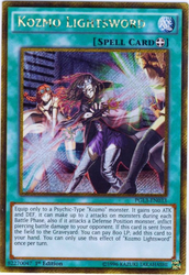 A Gold Secret Rare "Kozmo Lightsword" card from the Yugioh Set: Premium Gold: Infinite Gold (PGL3).