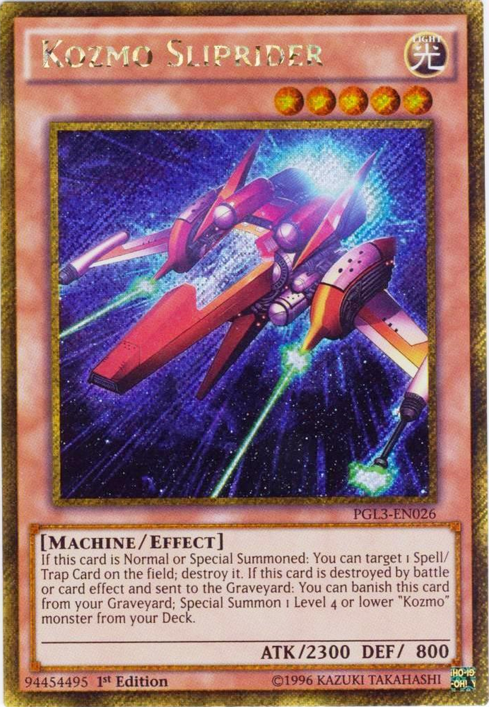 A Gold Secret Rare "Kozmo Sliprider" card from the Yugioh Set: Premium Gold: Infinite Gold (PGL3).