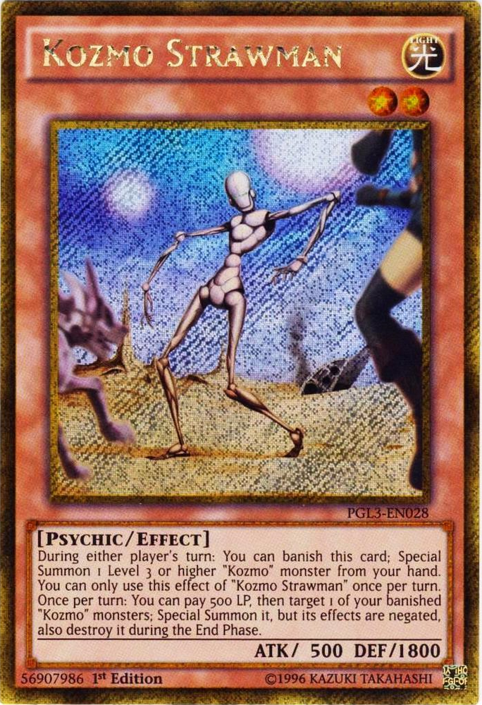 A Gold Secret Rare "Kozmo Strawman" card from the Yugioh Set: Premium Gold: Infinite Gold (PGL3).
