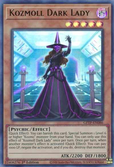 An Ultra Rare "Kozmoll Dark Lady" card from the Yugioh Set: Ghosts From the Past (GFTP).