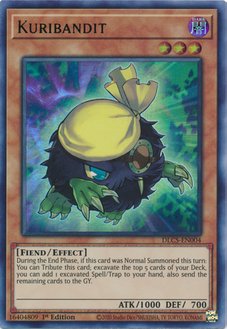 An Ultra Rare Green "Kuribandit" card from the Yugioh Set: Dragons of Legend: The Complete Series (DLCS).