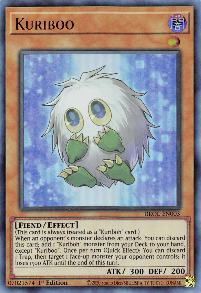 An Ultra Rare "Kuriboo" card from the Yugioh Set: Brothers of Legend (BROL).
