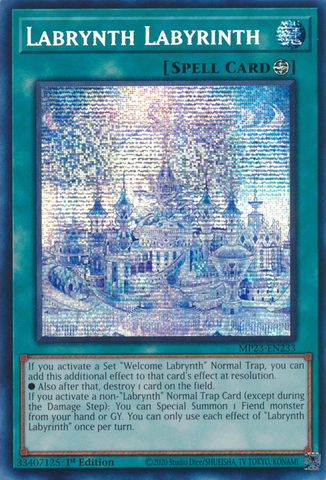 A Prismatic Secret Rare "Labrynth Labyrinth" card from the Yugioh Set: 25th Anniversary Tin: Dueling Heroes Mega-Tin Mega Pack.