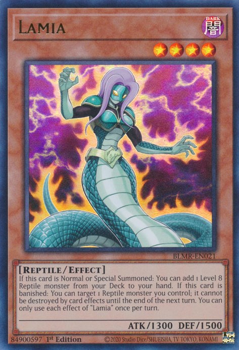 An Ultra Rare "Lamia" card from the Yugioh Set: Battles of Legend: Monstrous Revenge.