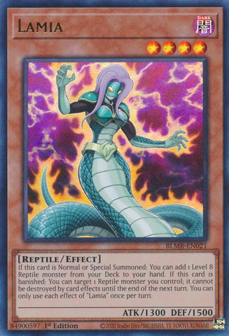 An Ultra Rare "Lamia" card from the Yugioh Set: Battles of Legend: Monstrous Revenge (BLMR).