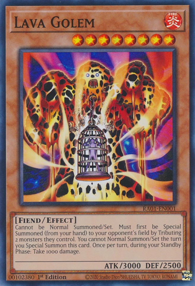 A Super Rare "Lava Golem" card from the Yugioh Set: Rarity Collection 1 (RA01).