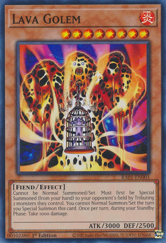 A Super Rare "Lava Golem" card from the Yugioh Set: Rarity Collection 1 (RA01).