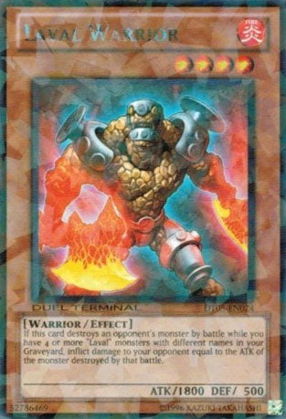 A Duel Terminal Rare "Laval Warrior" card from the Yugioh Set: Duel Terminal 5 (DT05).