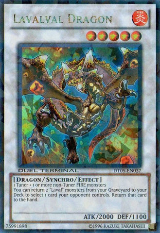 A Duel Terminal Ultra Rare "Lavalval Dragon" card from the Yugioh Set: Duel Terminal 5 (DT05).