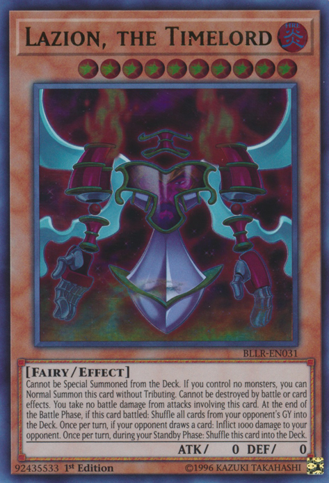 An Ultra Rare "Lazion, the Timelord" card from the Yugioh Set: Battles of Legend: Relentless Revenge (BLLR).