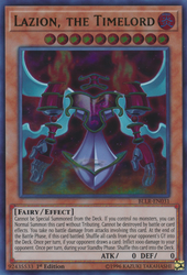 An Ultra Rare "Lazion, the Timelord" card from the Yugioh Set: Battles of Legend: Relentless Revenge (BLLR).
