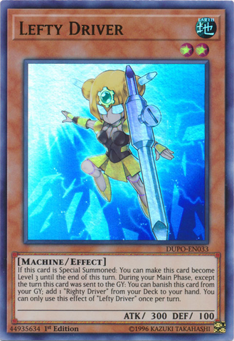 An Ultra Rare "Lefty Driver" card from the Yugioh Set: Duel Power (DUPO).