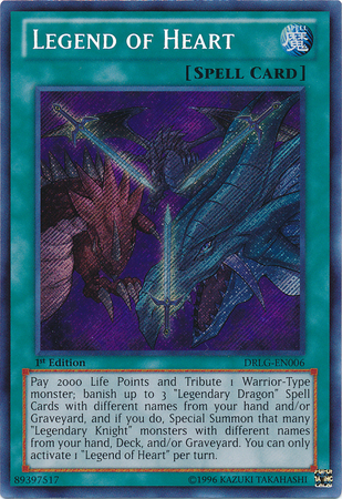 A Secret Rare "Legend of Heart" card from the Yugioh Set: Dragons of Legend: The Complete Series.