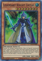 An Ultra Rare Blue "Legendary Knight Critias" card from the Yugioh Set: Dragons of Legend: The Complete Series (DLCS).