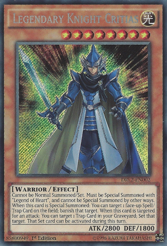 A Secret Rare "Legendary Knight Critias" card from the Yugioh Set: Dragons of Legend 2 (DRL2).