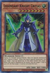 An Ultra Rare Green "Legendary Knight Critias" card from the Yugioh Set: Dragons of Legend: The Complete Series (DLCS).