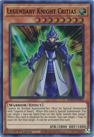 An Ultra Rare Green "Legendary Knight Critias" card from the Yugioh Set: Dragons of Legend: The Complete Series (DLCS).