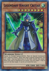 An Ultra Rare Purple "Legendary Knight Critias" card from the Yugioh Set: Dragons of Legend: The Complete Series (DLCS).
