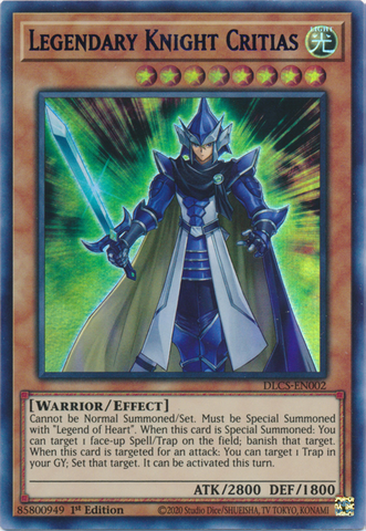 An Ultra Rare Purple "Legendary Knight Critias" card from the Yugioh Set: Dragons of Legend: The Complete Series (DLCS).