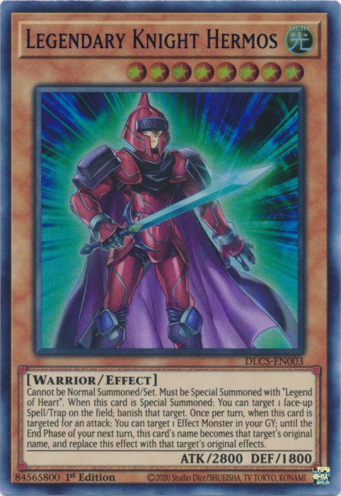 An Ultra Rare Blue "Legendary Knight Hermos" card from the Yugioh Set: Dragons of Legend: The Complete Series (DLCS).
