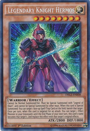 A Secret Rare "Legendary Knight Hermos" card from the Yugioh Set: Dragons of Legend 2 (DRL2).