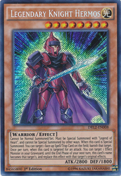 A Secret Rare "Legendary Knight Hermos" card from the Yugioh Set: Dragons of Legend 2 (DRL2).
