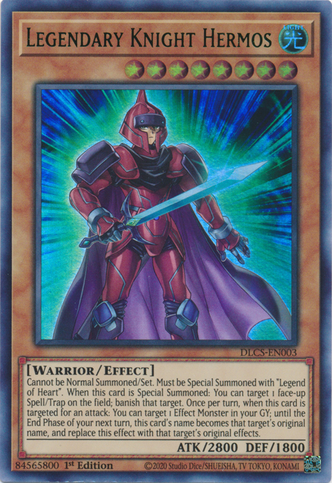 An Ultra Rare Green "Legendary Knight Hermos" card from the Yugioh Set: Dragons of Legend: The Complete Series (DLCS).
