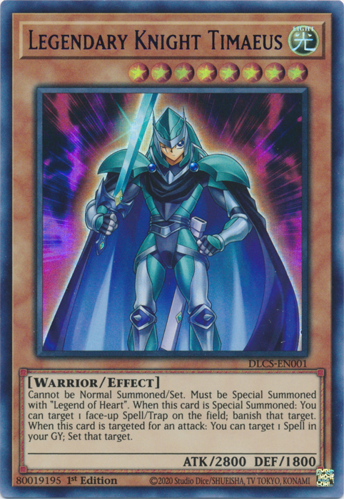 An Ultra Rare Blue "Legendary Knight Timaeus" card from the Yugioh Set: Dragons of Legend: The Complete Series (DLCS).