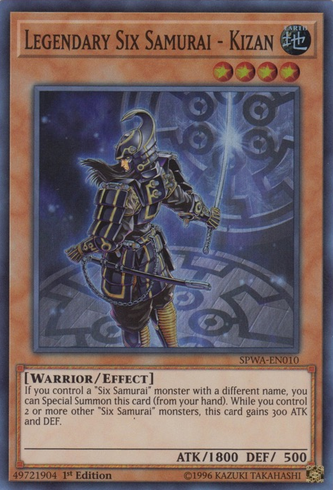 A Super Rare "Legendary Six Samurai - Kizan" card from the Yugioh Set: Spirit Warriors (SPWA).