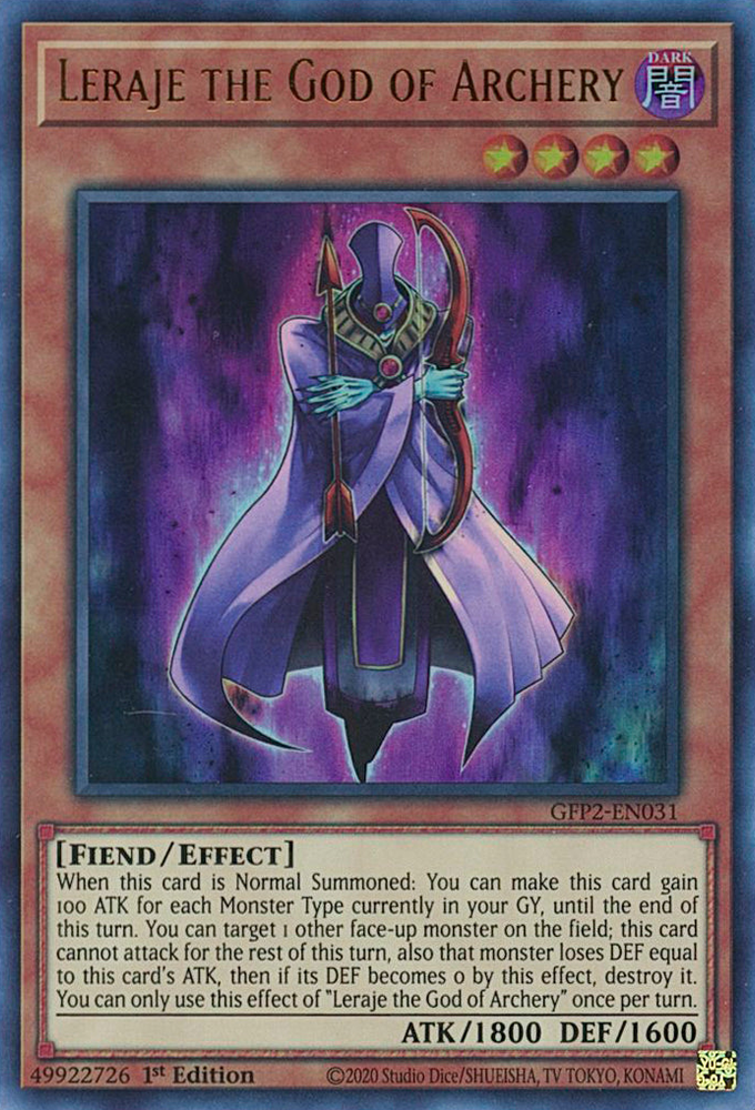 An Ultra Rare "Leraje the God of Archery" card from the Yugioh Set: Ghosts From the Past: The 2nd Haunting (GFP2).