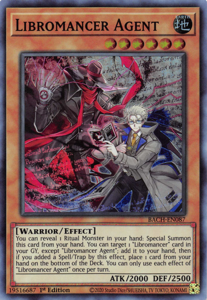  A Super Rare "Libromancer Agent" card from the Yugioh Set: Battle of Chaos.