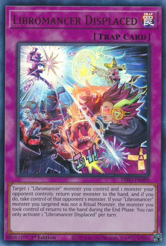 An Ultra Rare "Libromancer Displaced" card from the Yugioh Set: Dimension Force.