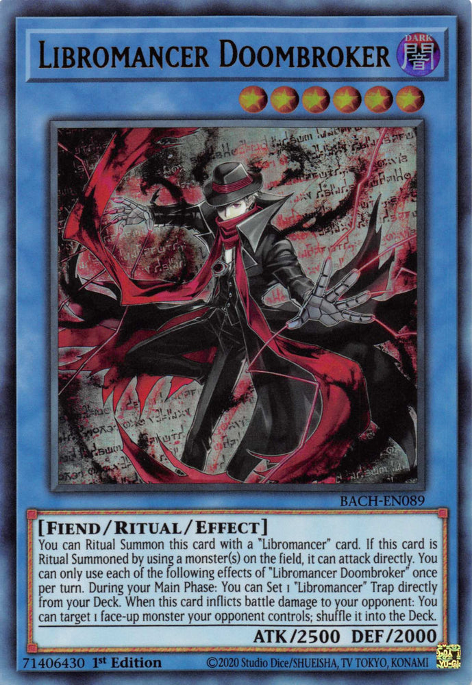  An Ultra Rare "Libromancer Doombroker" card from the Yugioh Set: Battle of Chaos.